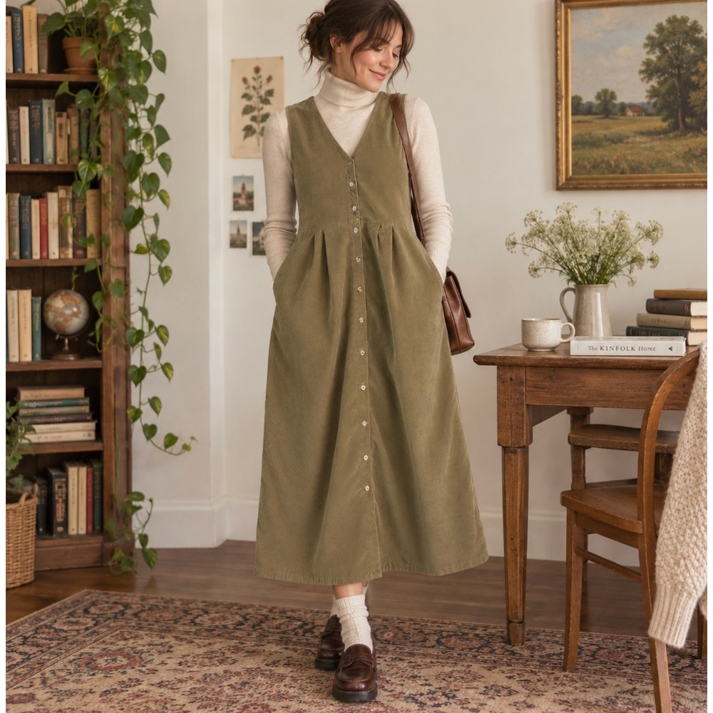 Vintage 90s Corduroy Jumper Dress Pinafore Embroidered Floral Teacher Midi M